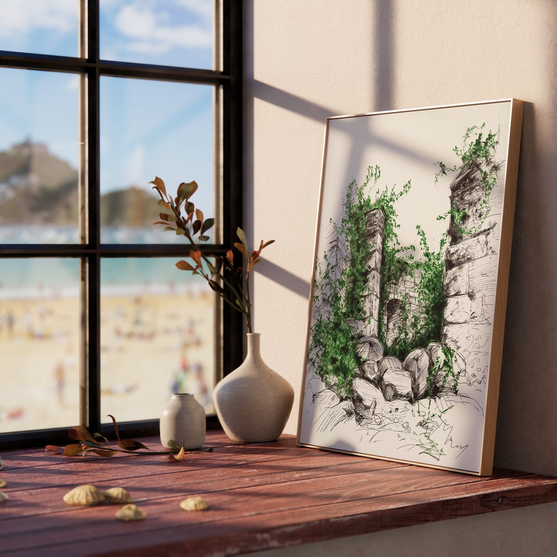 Ancient Stone Ruins Covered In Ivy Green Watercolor Sketch Poster - Image 5