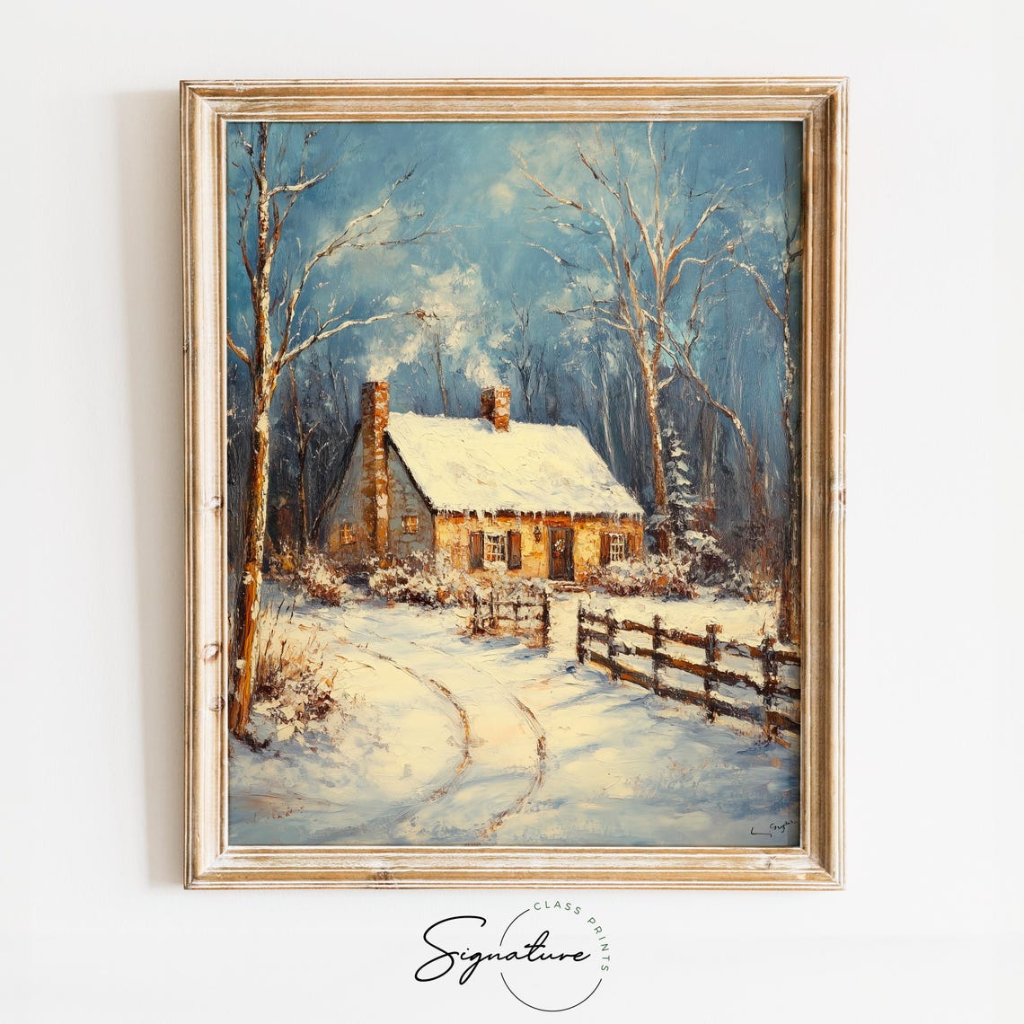 Snowy Cottage With Glowing Windows in a Winter Forest at Dusk Poster