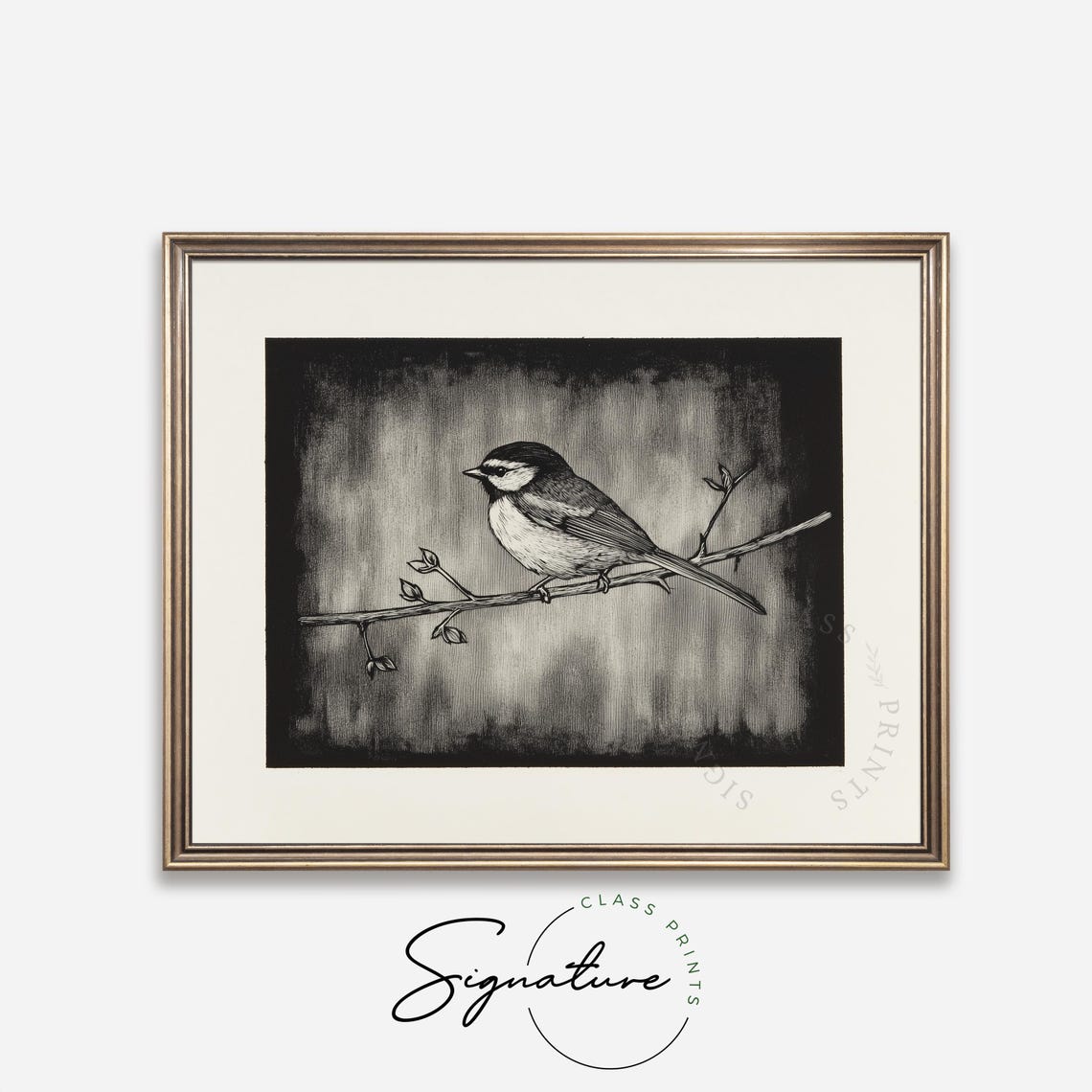 Chickadee On Winter Branch Black And White Sketch Art Poster - Image 4
