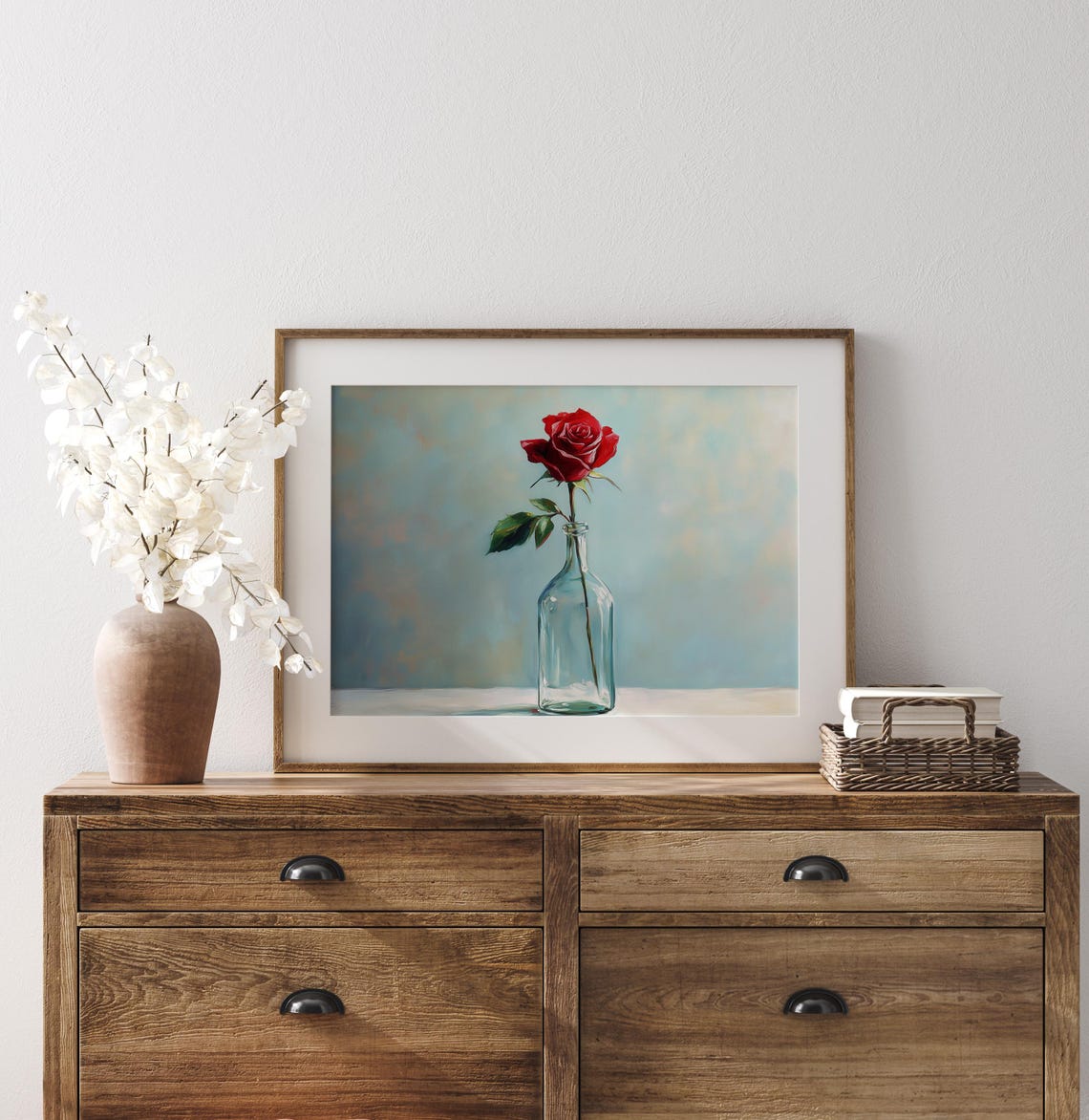 Single Red Rose In Glass Bottle Vintage Still Life Floral Wall Art - Image 3