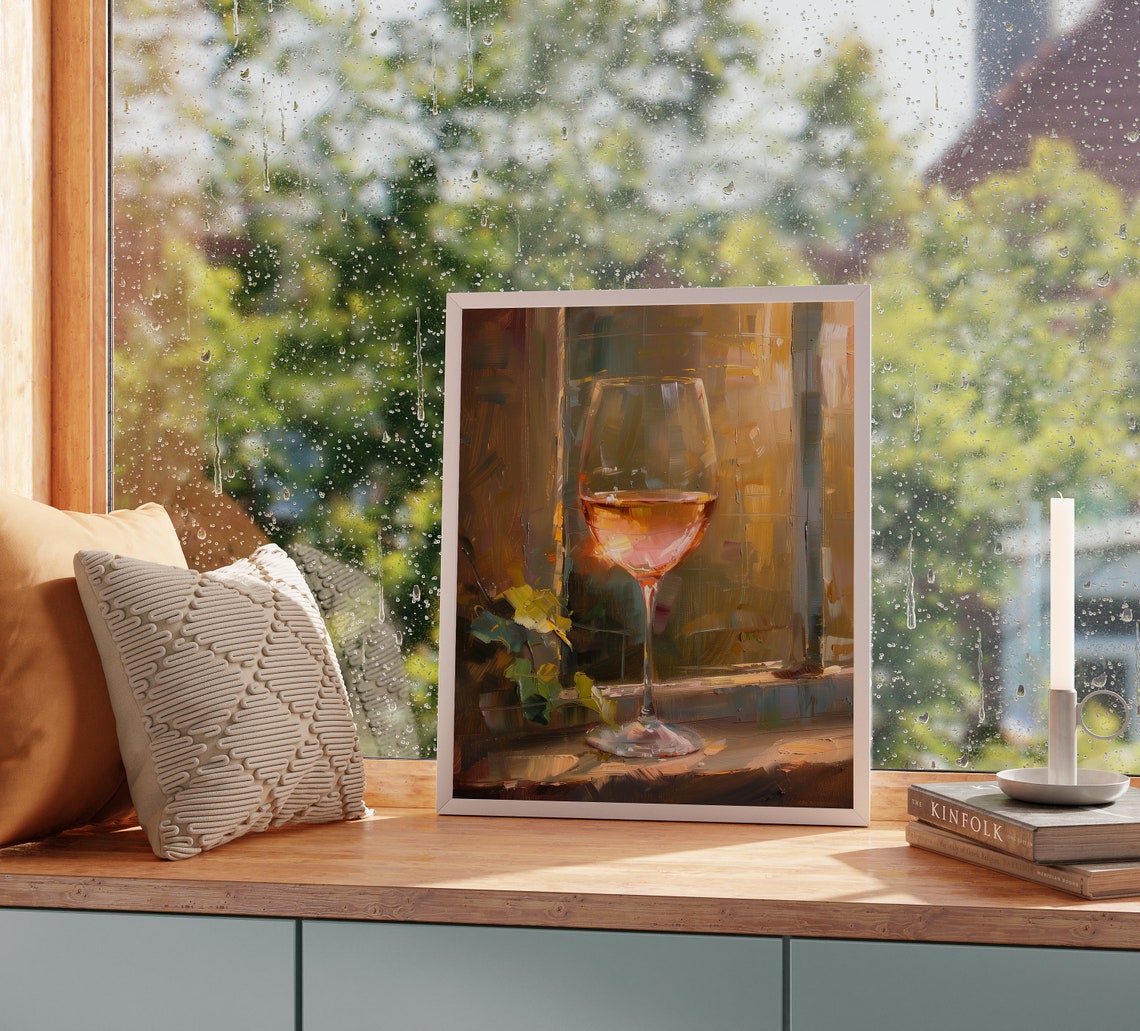 Glass of Rose Wine on Sunny Windowsill with Vine Leaves Poster - Image 2