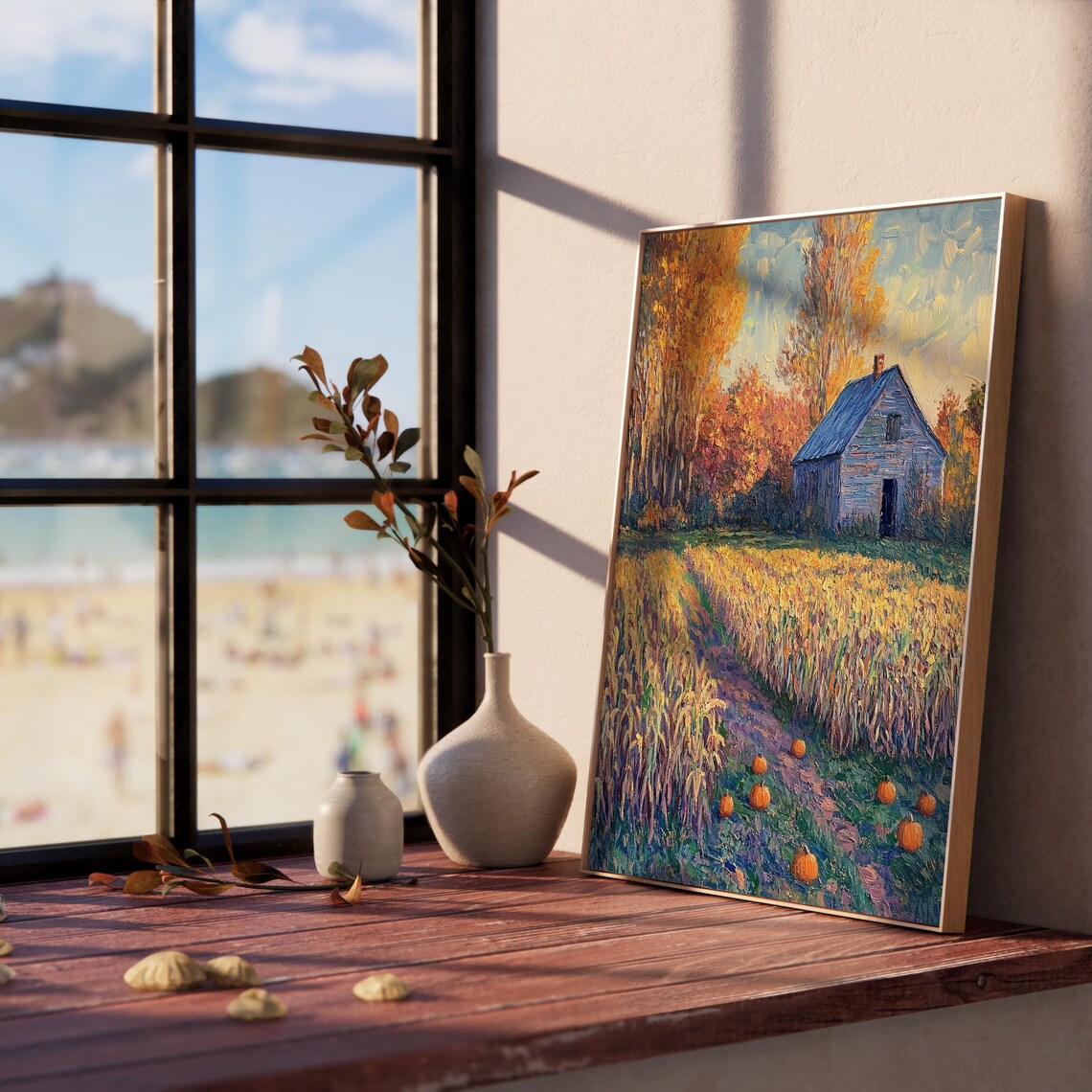 Weathered Barn in a Golden Wheat Field Dotted With Fall Pumpkins Poster - Image 5