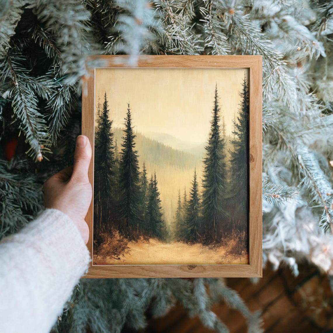 Misty Evergreen Forest in Warm Golden Haze Above Snowy Ground Poster - Image 6