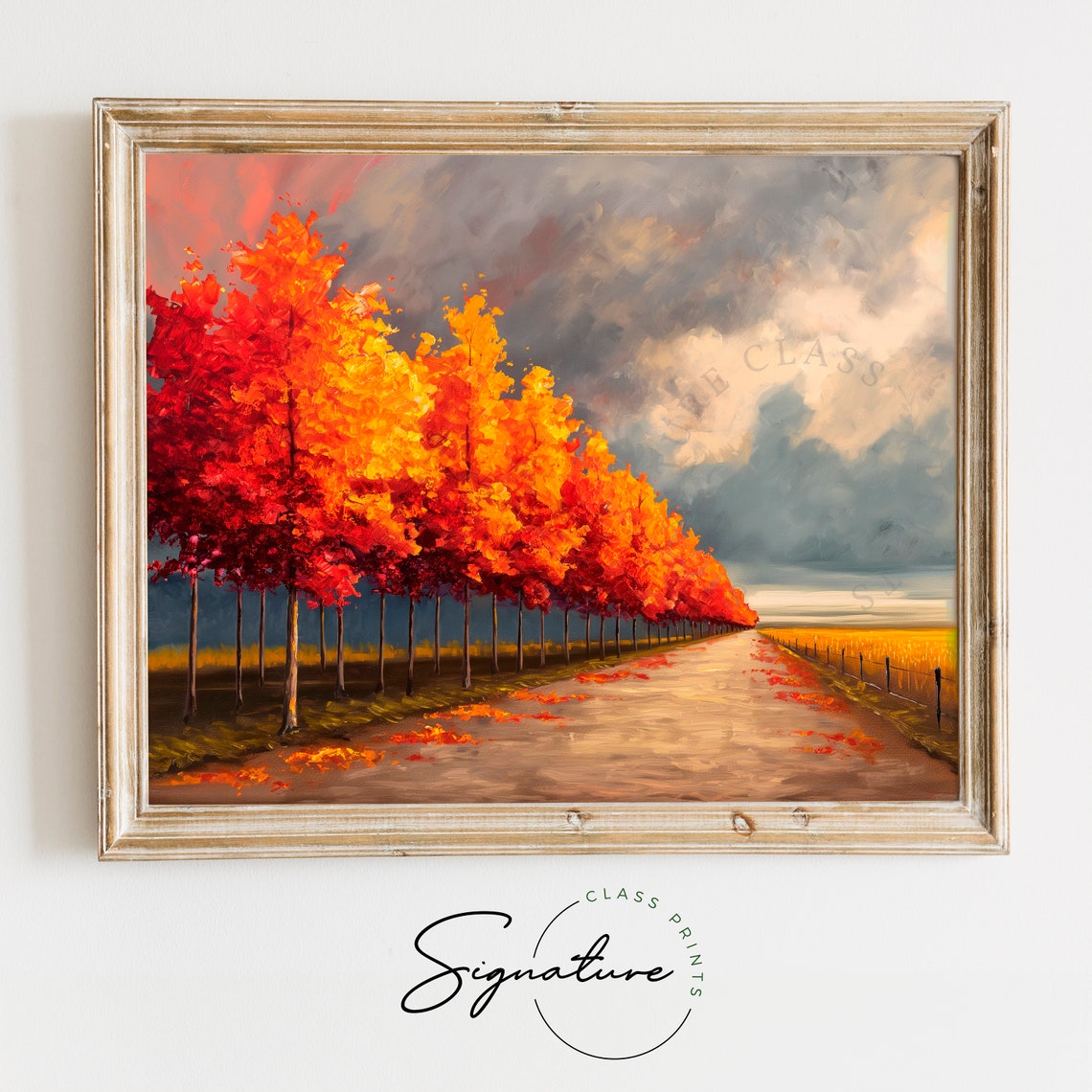 Fiery Maple Avenue Beside Dirt Road Dramatic Cloudscape Poster
