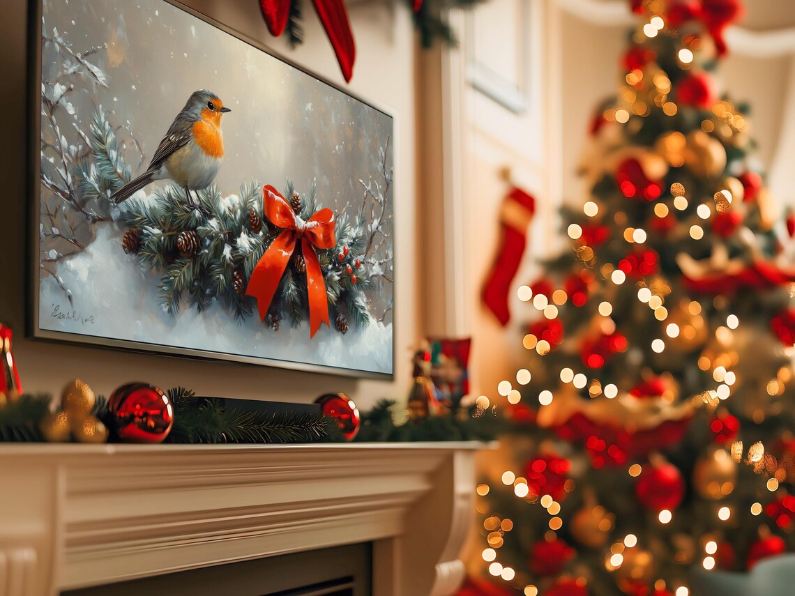 Robin on Snowy Evergreen Garland With Red Bow Christmas Bird Poster - Image 5