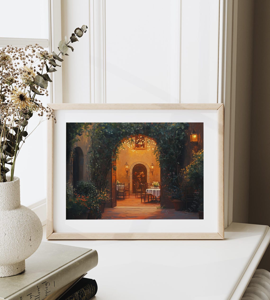 Romantic Courtyard Dinner Under String Lights At Dusk Wall Art - Image 6