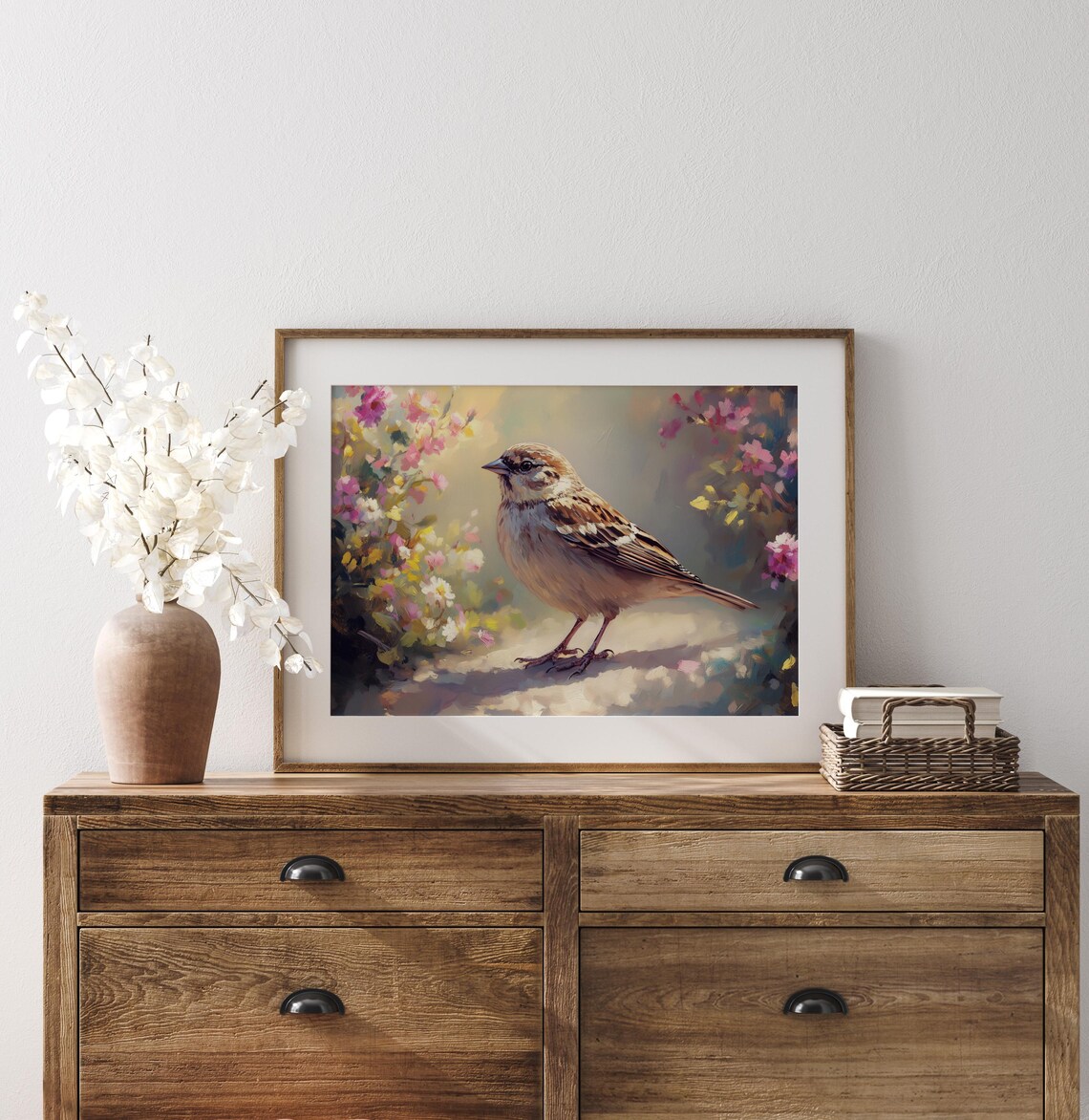 Sparrow Among Spring Flowers Dappled Sunlight Garden Bird Painting Poster - Image 2