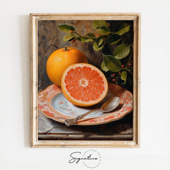 Fresh Grapefruit Half on Floral Plate Citrus Still Life Poster