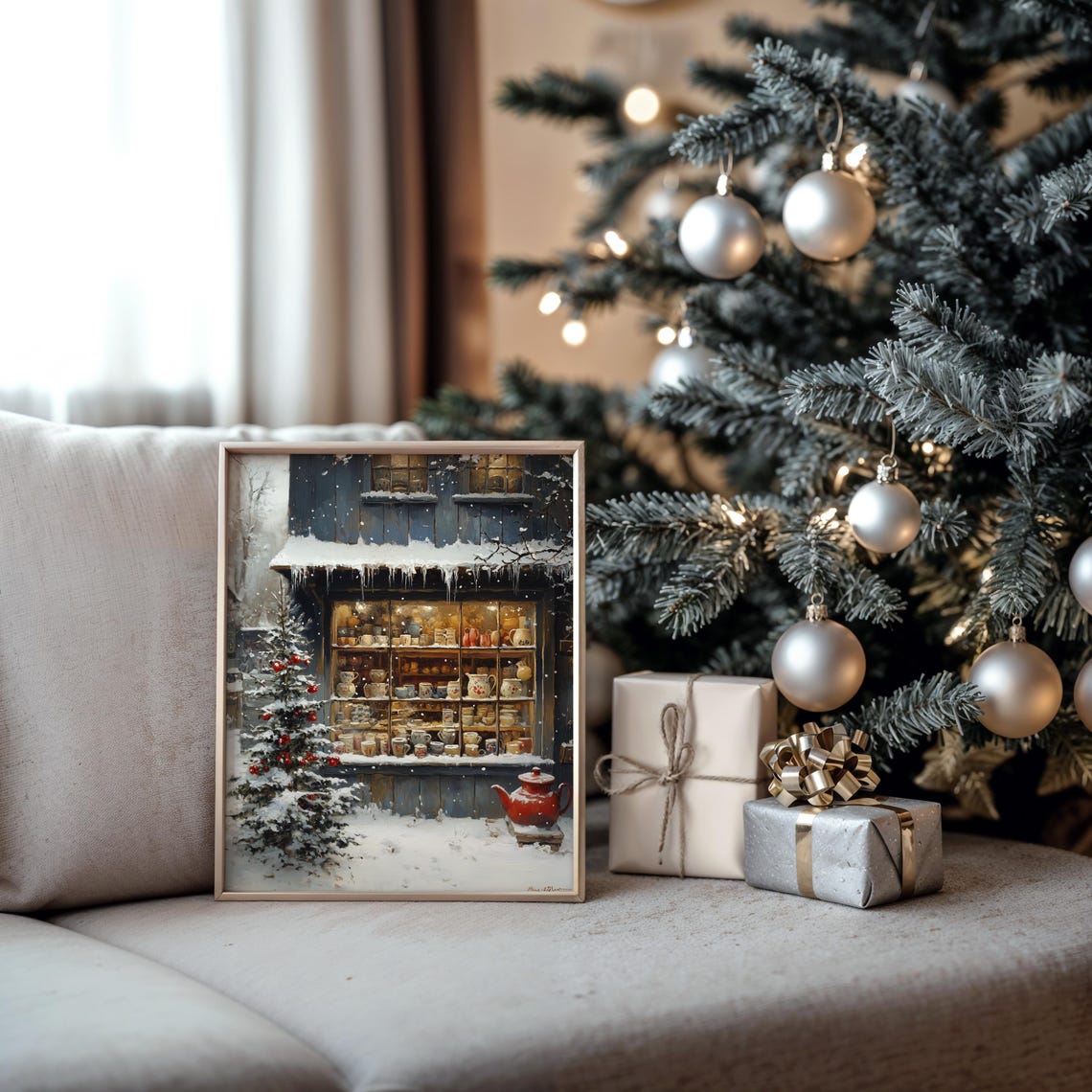 Cozy Winter Shop Window with Mugs and Teapots Snow Scene Poster - Image 5