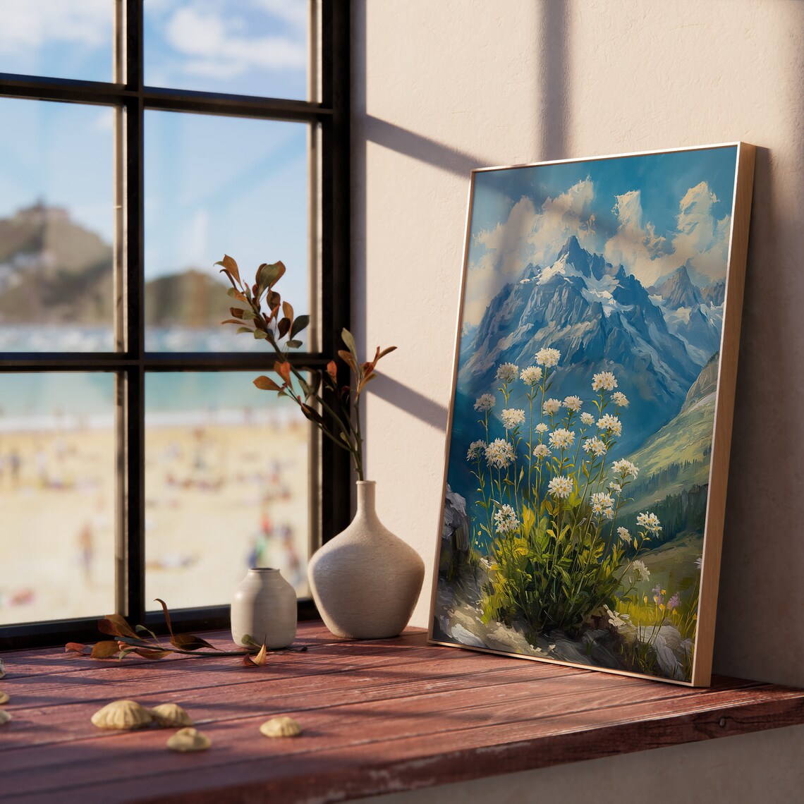 Alpine Meadow Edelweiss Blossoms Wildflower Rocky Snowy Peak Poster - Image 5