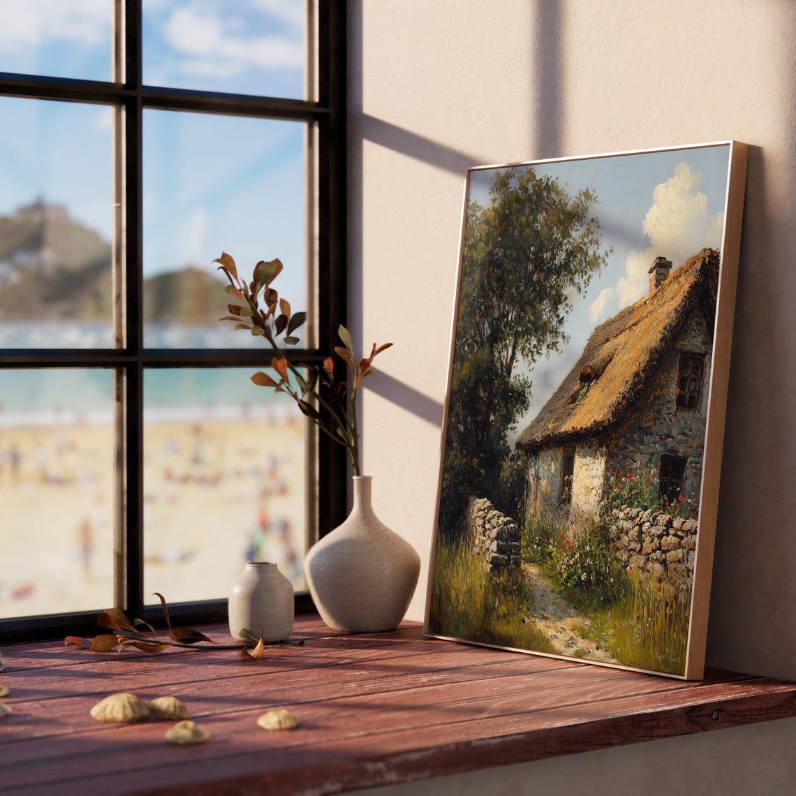 Old Stone Thatched Cottage Wildflowers Rustic Countryside Print - Image 3