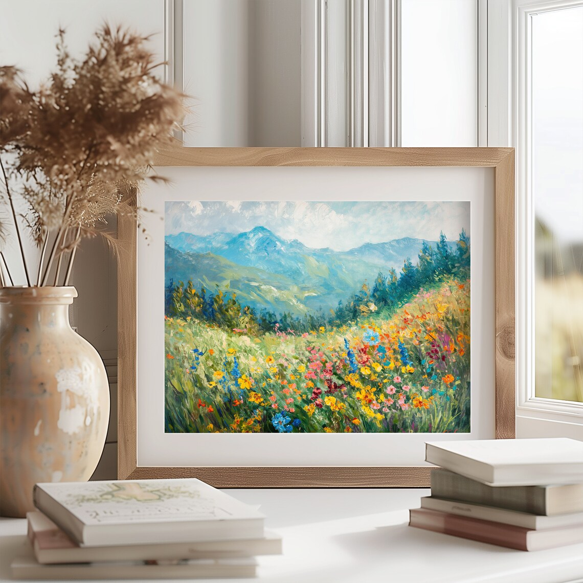 Wildflower Meadow with Blue Mountains Impressionist Oil Painting Poster - Image 2