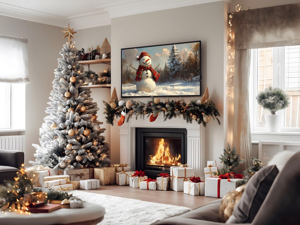 Cheerful Snowman in Plaid Hat and Scarf Snowy Landscape Art Poster - Image 2