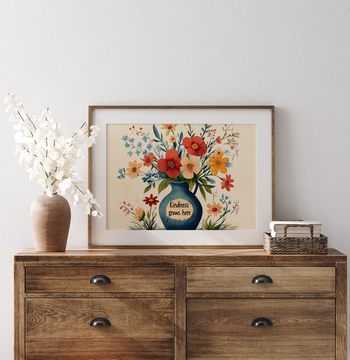 Kindness Grows Here Quote Floral Bouquet In Retro Blue Vase Poster - Image 2