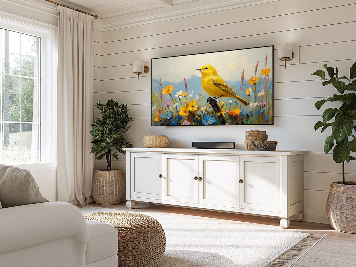 Yellow Warbler In Spring Wildflower Meadow Frame TV Bird Art Print - Image 3