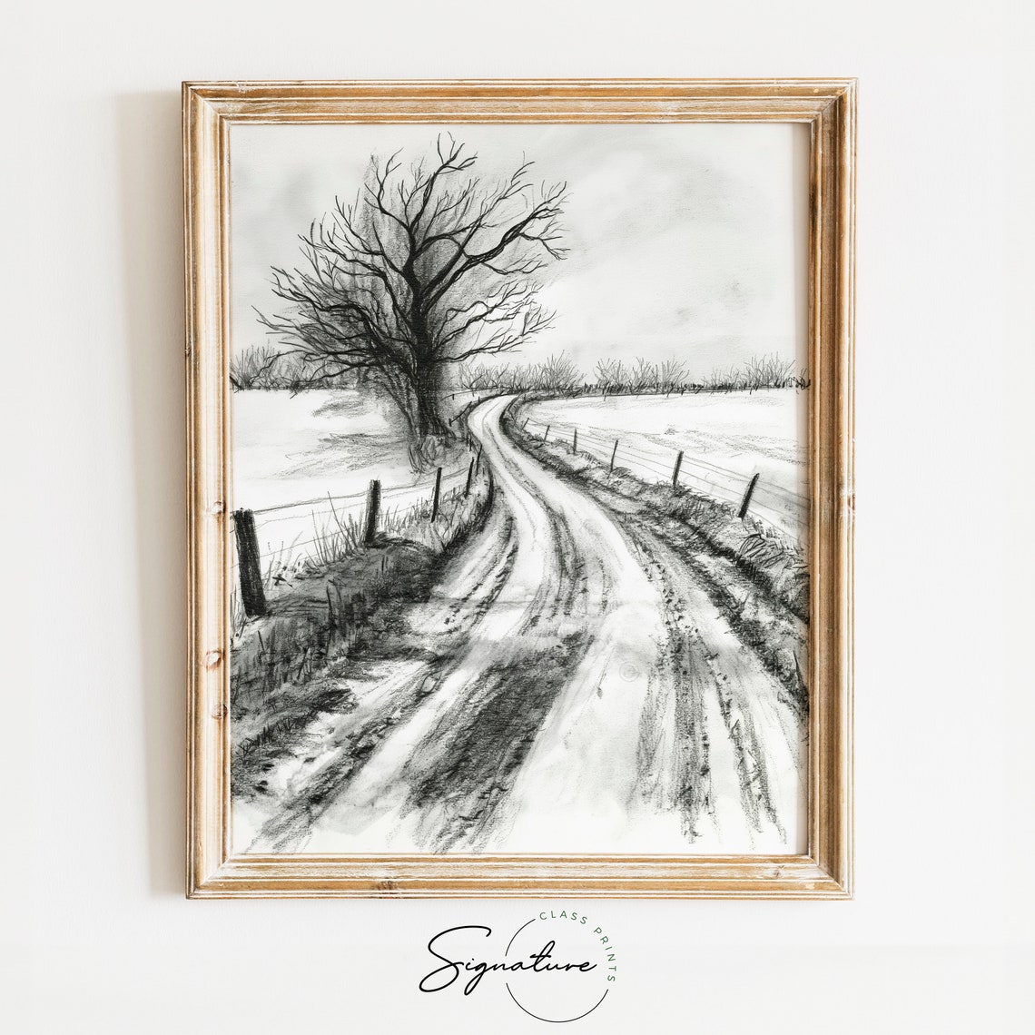 Frosty Country Road With Bare Tree Monochrome Sketch Winter Poster