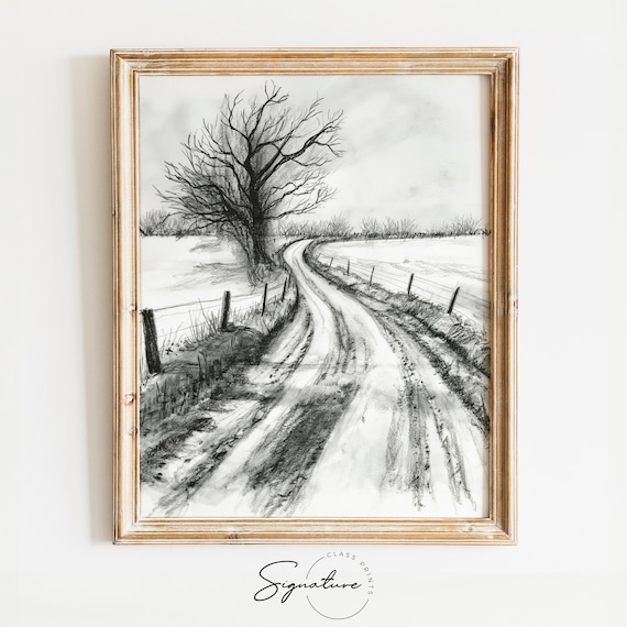 Frosty Country Road With Bare Tree Monochrome Sketch Winter Poster