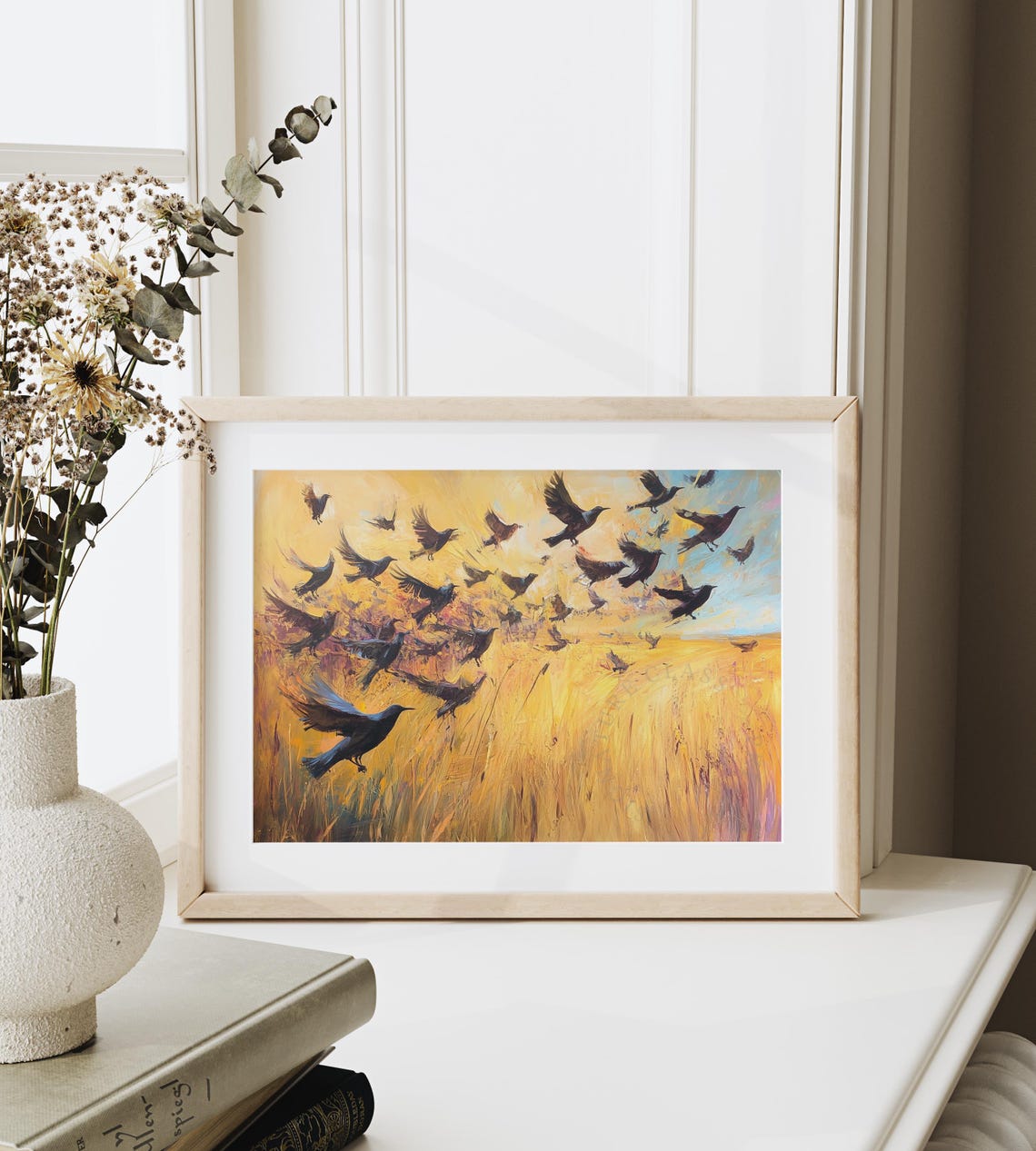 Starling Flock Flying Over Golden Meadow At Sunset Art Poster - Image 4