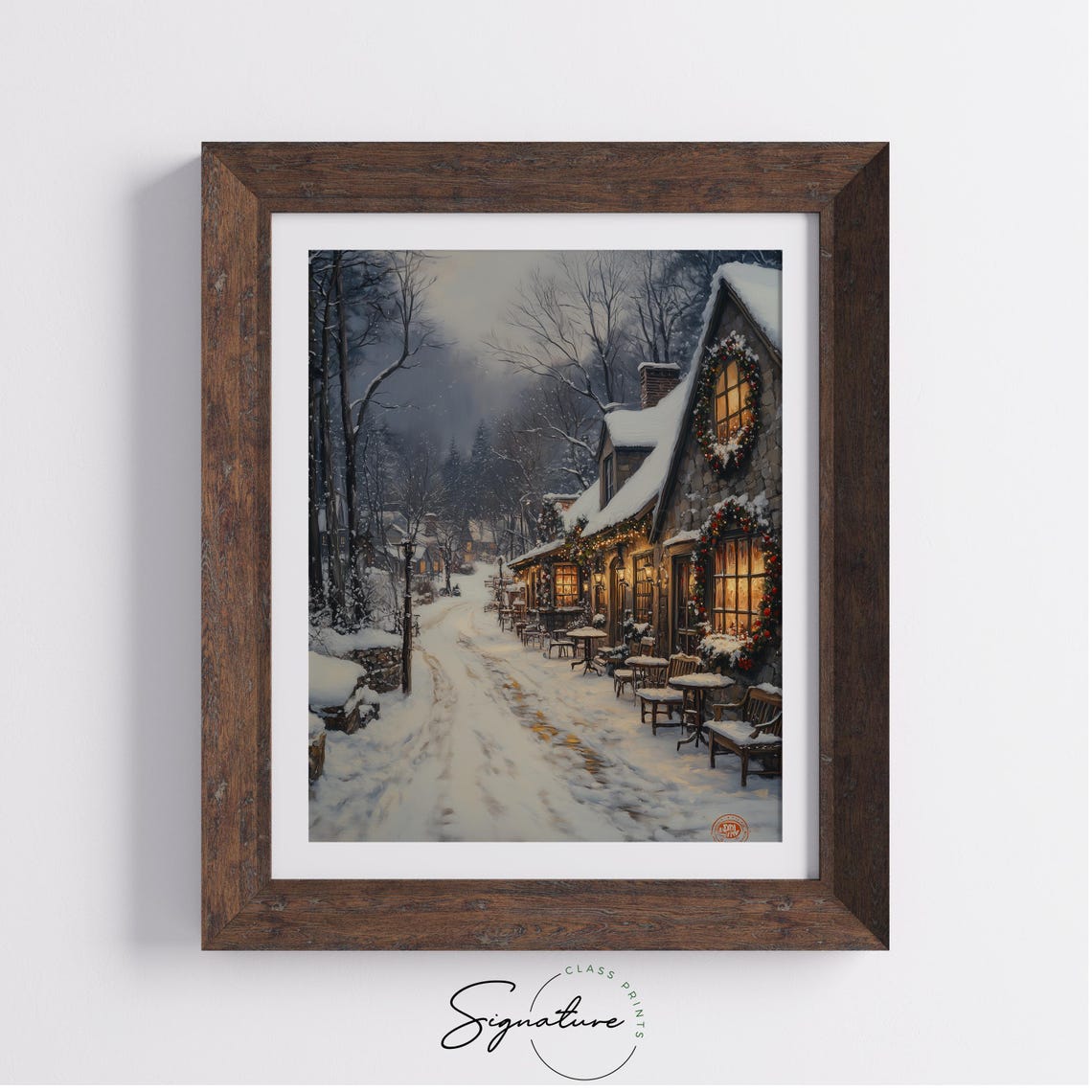Snowy Cafe Street at Night with Glowing Wreaths Winter Poster - Image 3