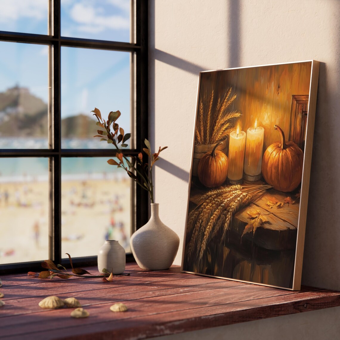 Glowing Candles With Pumpkins And Wheat Harvest Table Poster - Image 5