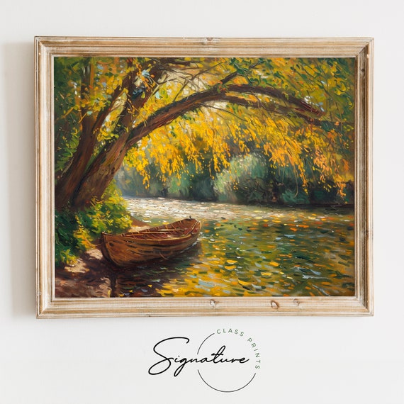 Elm Tree Over Sleepy Canal Painting Tranquil Water Scene Rustic Wall Decor Artistic And Calm Living Room Wall Art 977