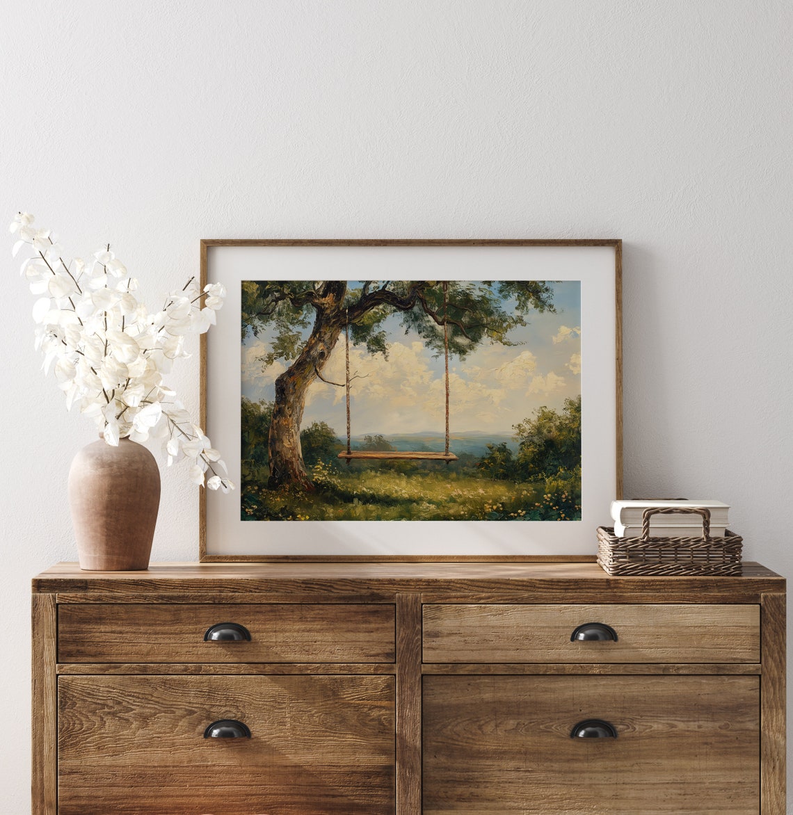 Nostalgic Rope Swing Hanging Tree Sunny Valley Meadow Vintage Poster - Image 3