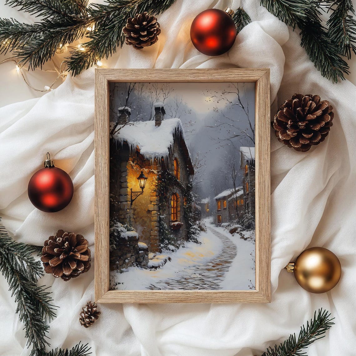 Snowy Stone Cottage Lane at Dusk with Glowing Lantern Poster - Image 4
