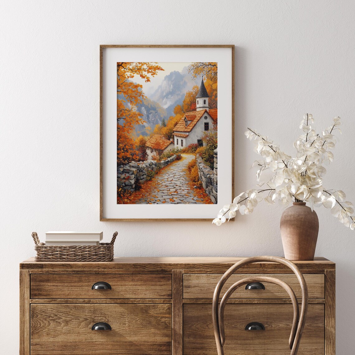 Mountain Village Church on Cobblestone Street in Glowing Autumn Light Wall Art - Image 5