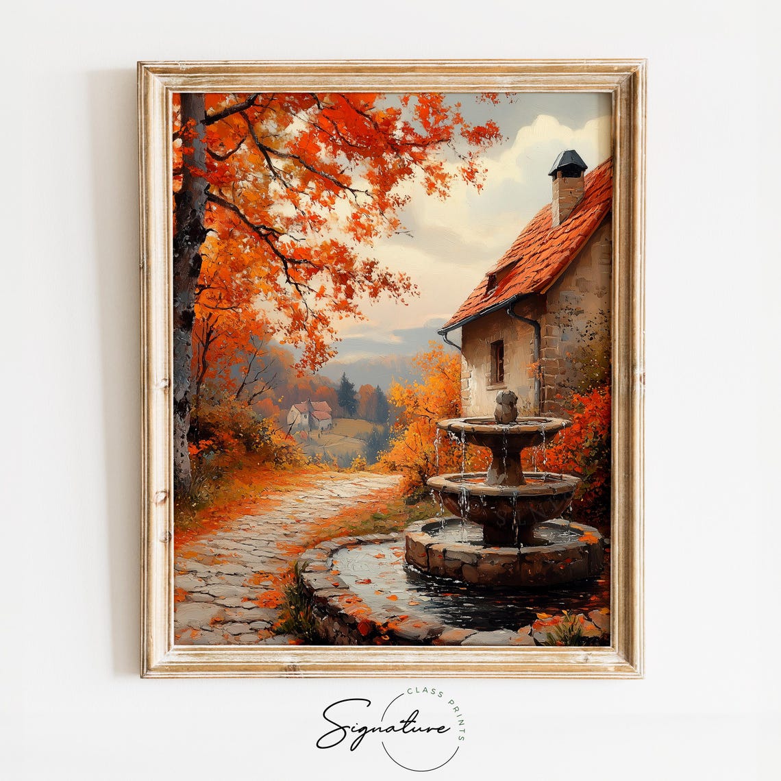 Stone Fountain Courtyard Beside Cottage In Blazing Autumn Trees Poster