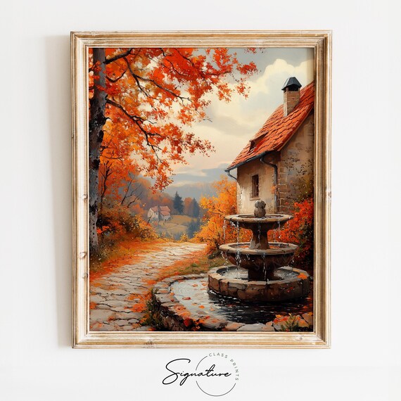 Stone Fountain Courtyard Beside Cottage In Blazing Autumn Trees Poster