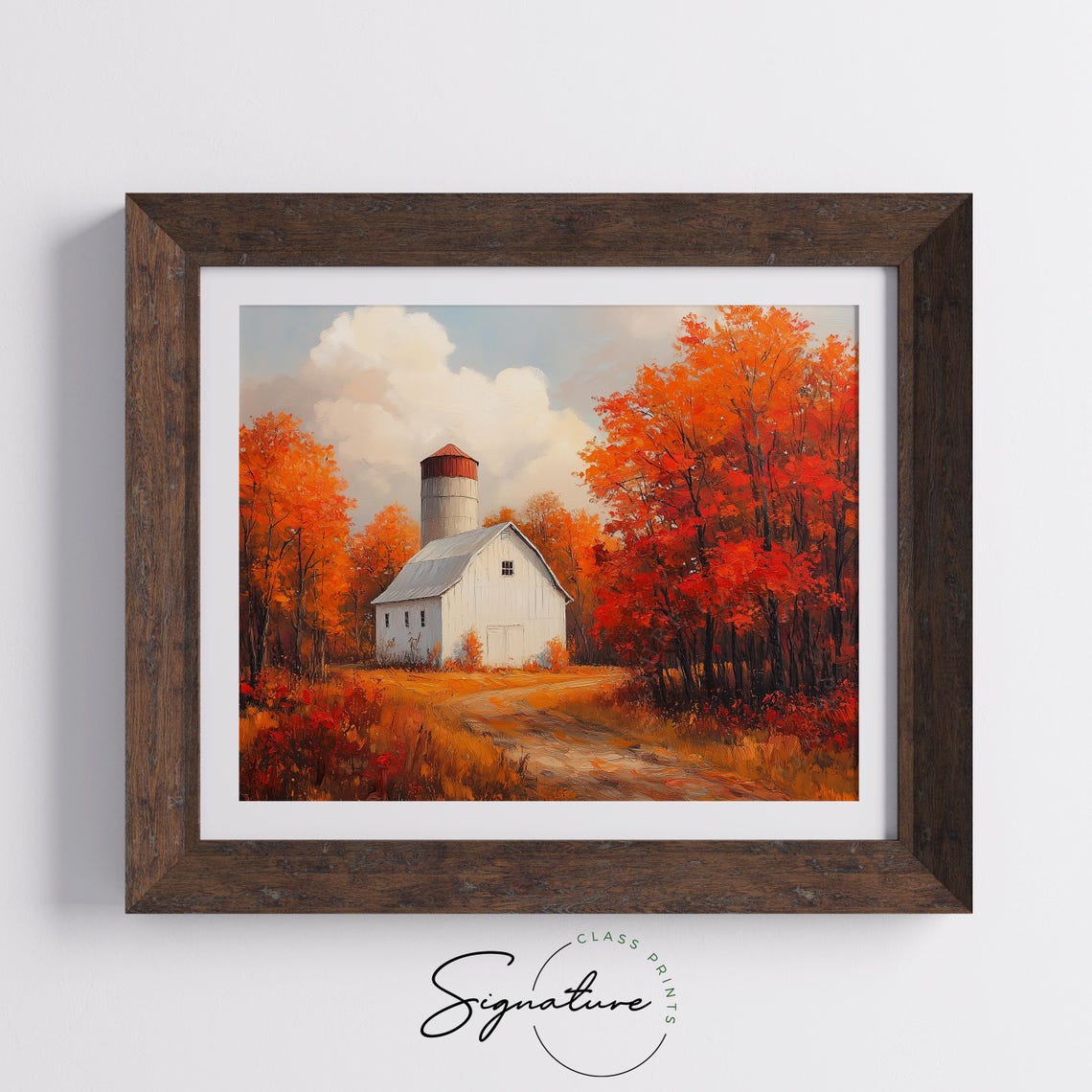 White Barn Silo Autumn Forest Fall Colors Oil Painting Poster - Image 5