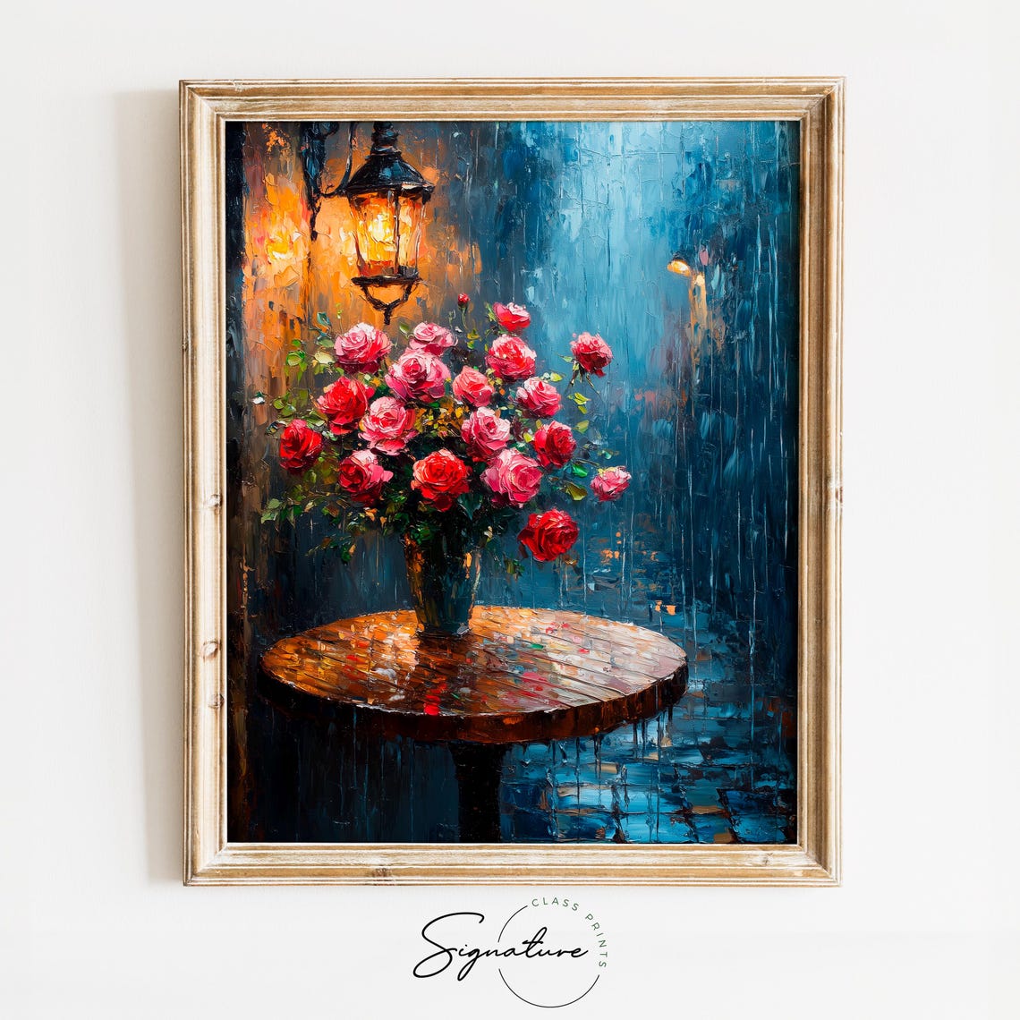 Rainy Cafe Patio Roses Lantern Glow Romantic Moody Night Wall Art