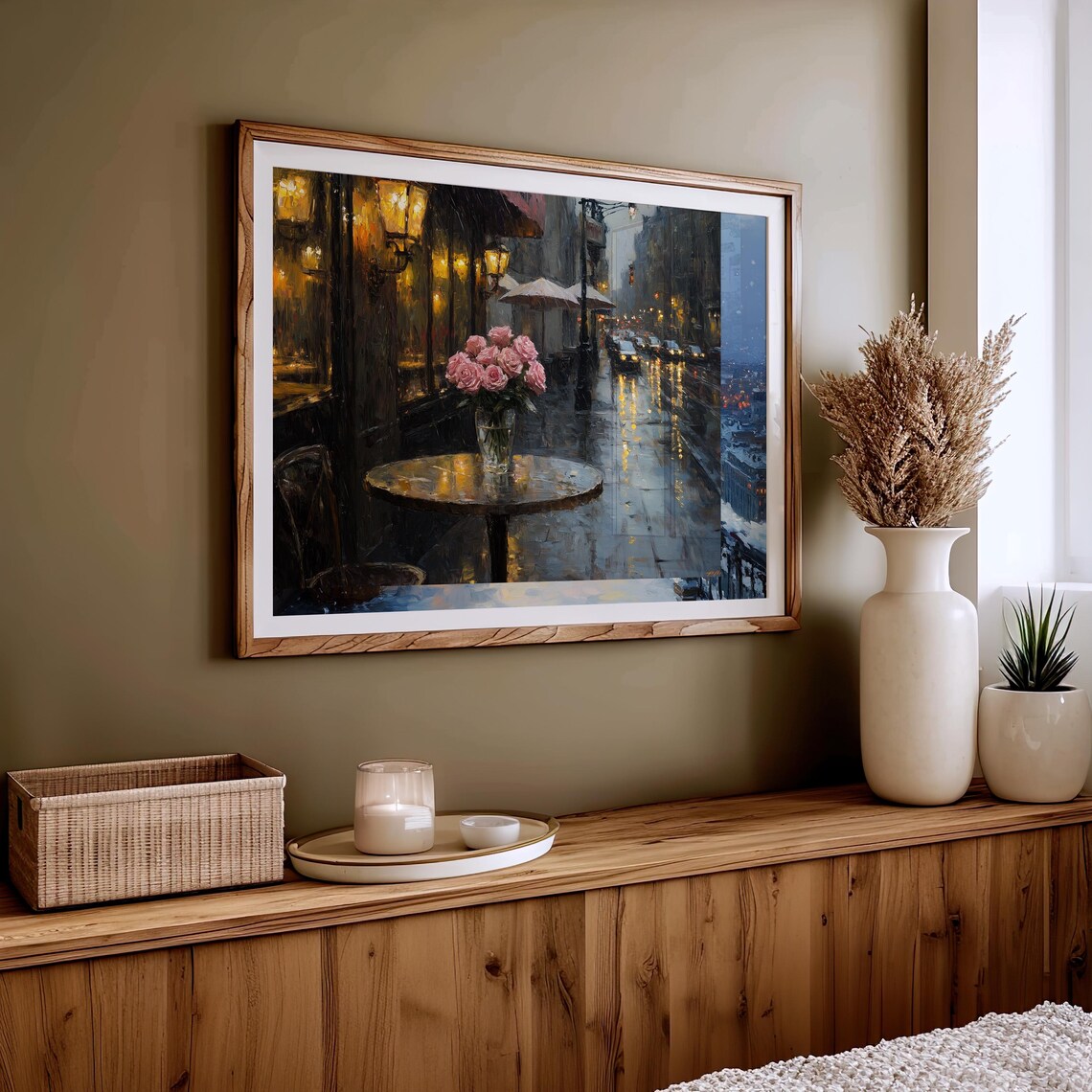 Rainy Night City Cafe Glowing Lanterns Wet Street Roses Oil Painting - Image 6