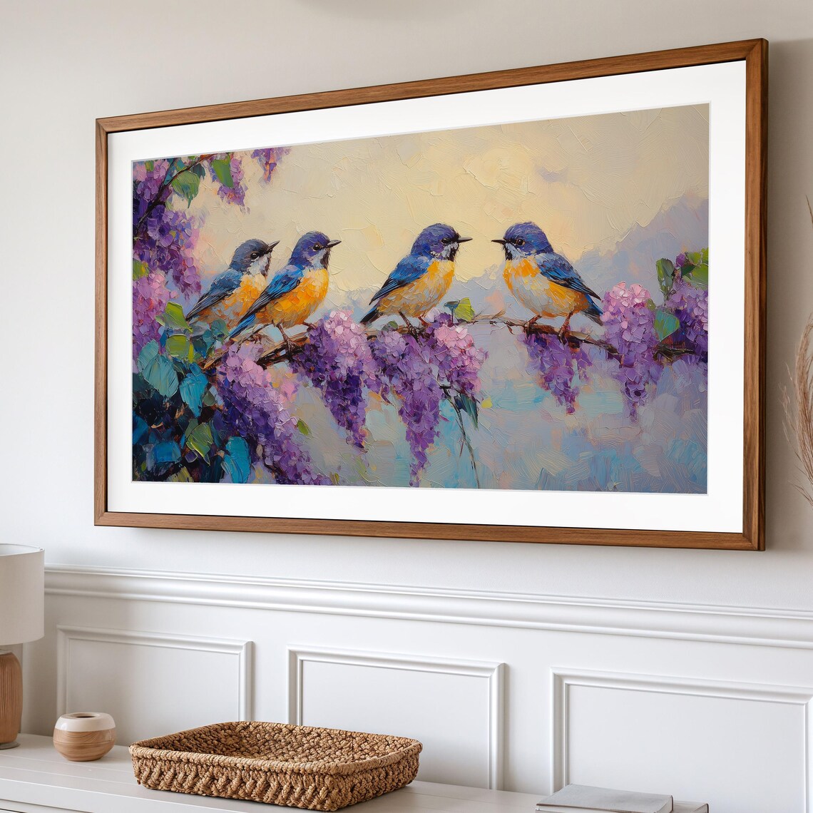 Four Blue Orange Songbirds On Purple Lilac Branch Impasto Poster - Image 2