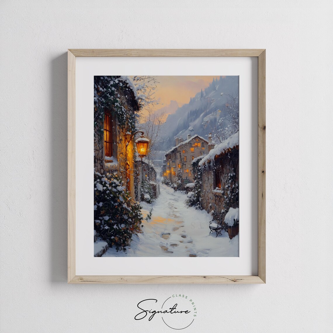 Snowy Village Lane At Dusk With Glowing Lamp Winter Scene Poster - Image 2