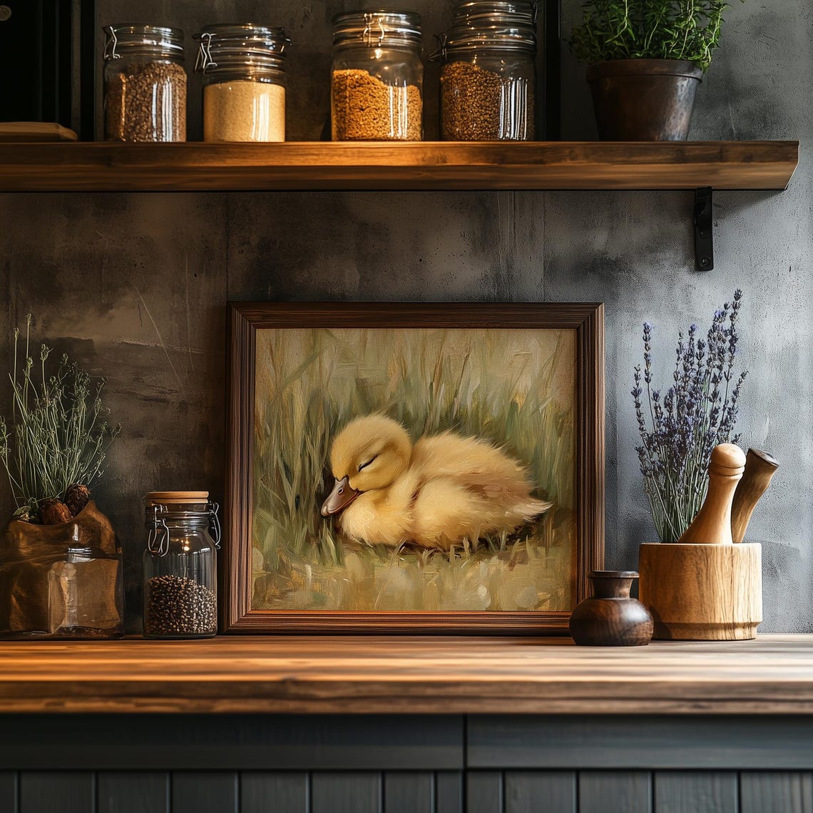 Sleeping Baby Duckling Curled in Grass Soft Spring Wildlife Art Poster - Image 2