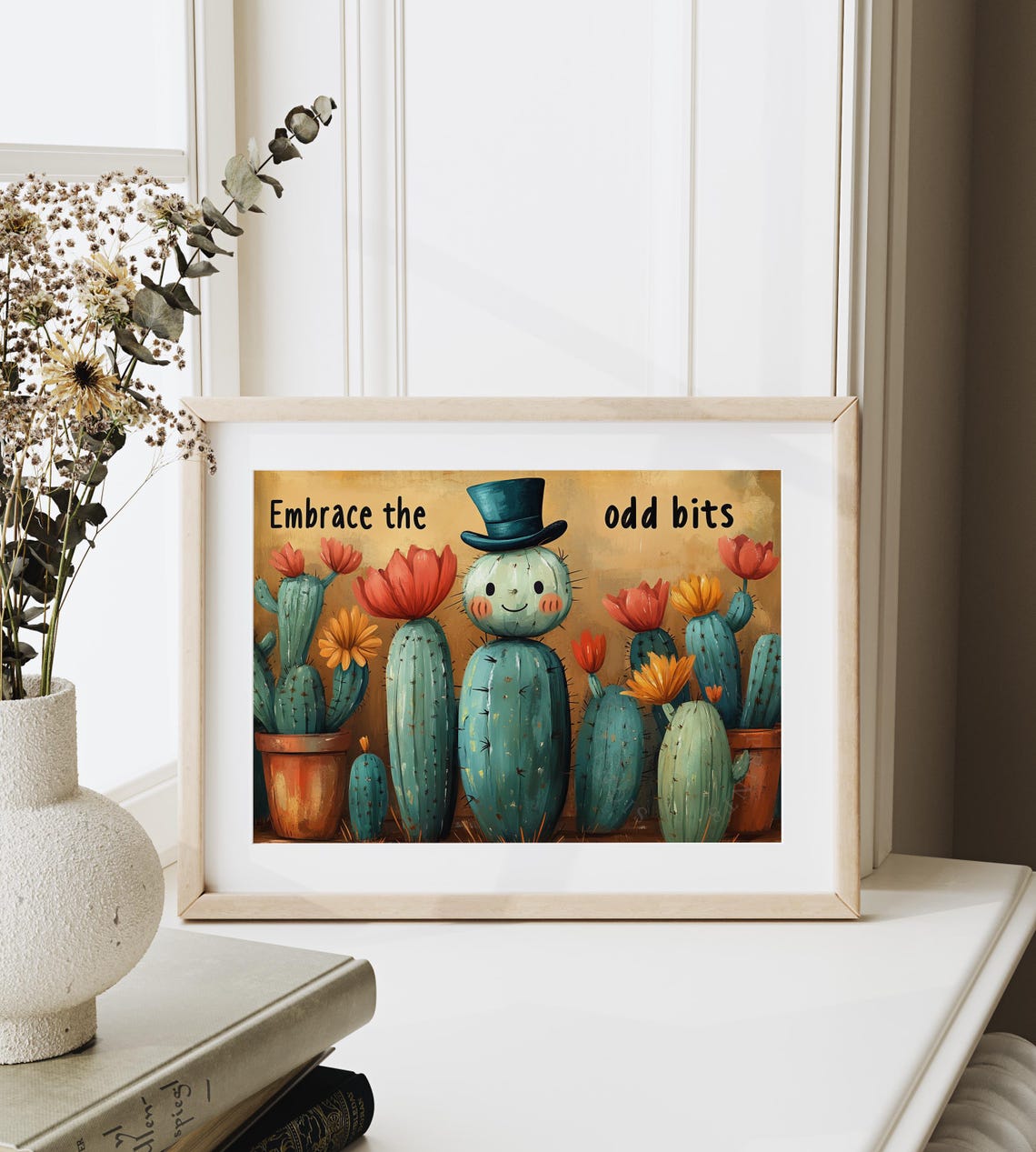 Embrace The Odd Bits Quote Smiling Cactus In Top Hat Quirky Art Poster - Image 6