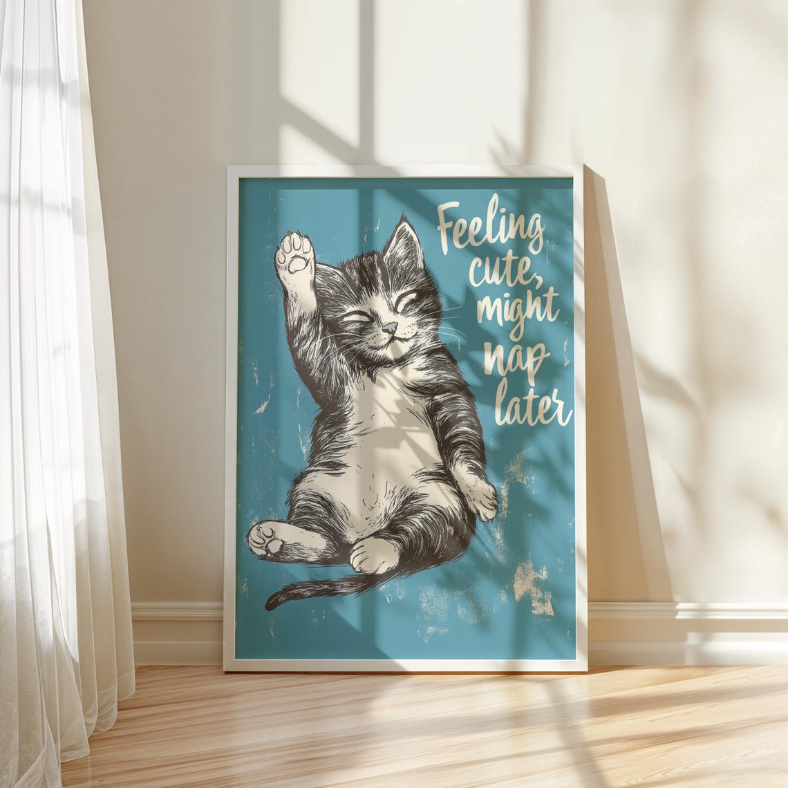 Feeling Cute Might Nap Later Sleepy Tabby Kitten Teal Wall Art - Image 5