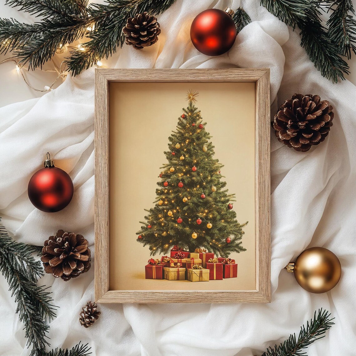 Vintage Christmas Tree With Gifts Warm Retro Holiday Painting Poster - Image 4