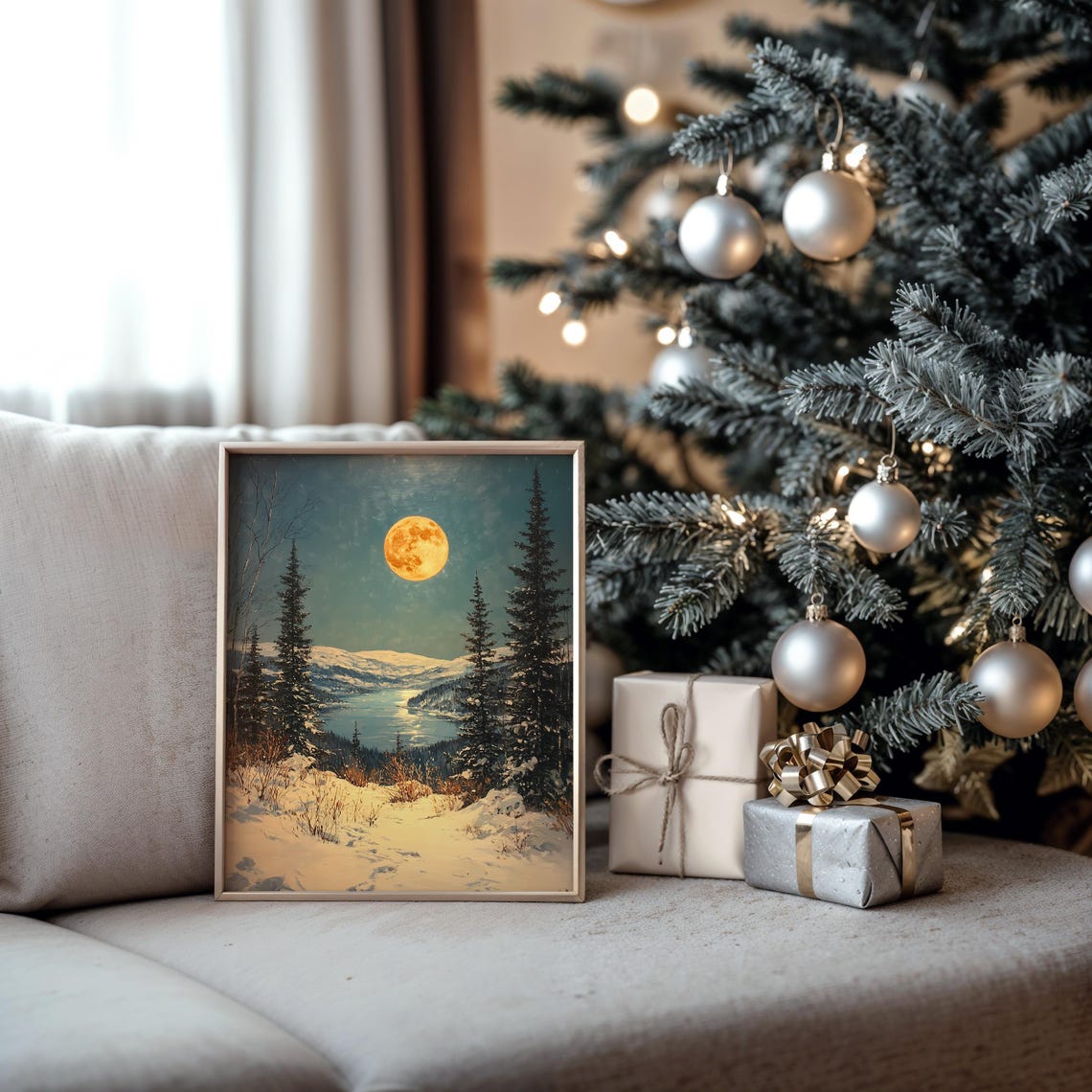 Golden Full Moon over Snowy Lake and Mountains Night Sky Poster - Image 5
