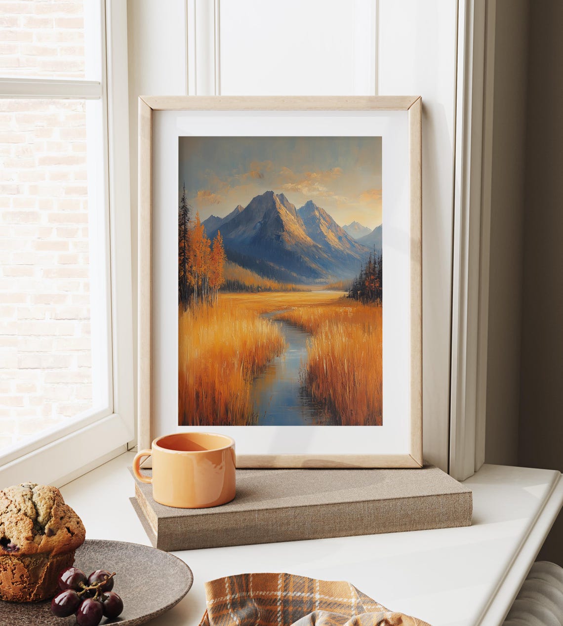 Golden Meadow Stream Leading To Blue Autumn Mountains Scenic Poster - Image 6