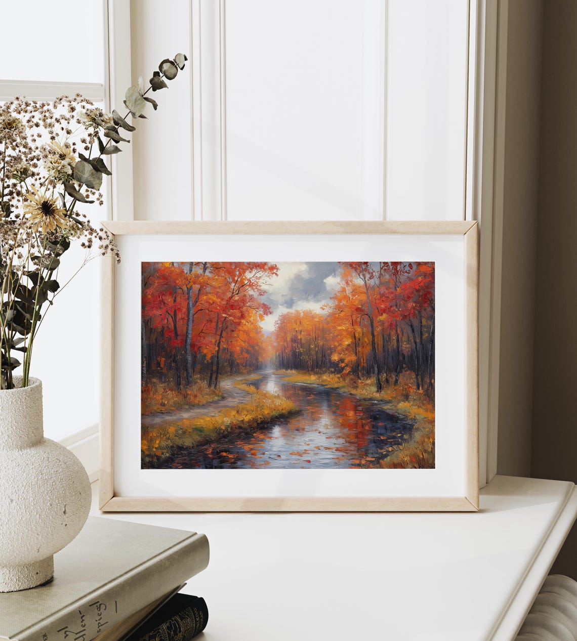 Red Autumn Forest Stream Mirror Reflection Landscape Painting Print - Image 6