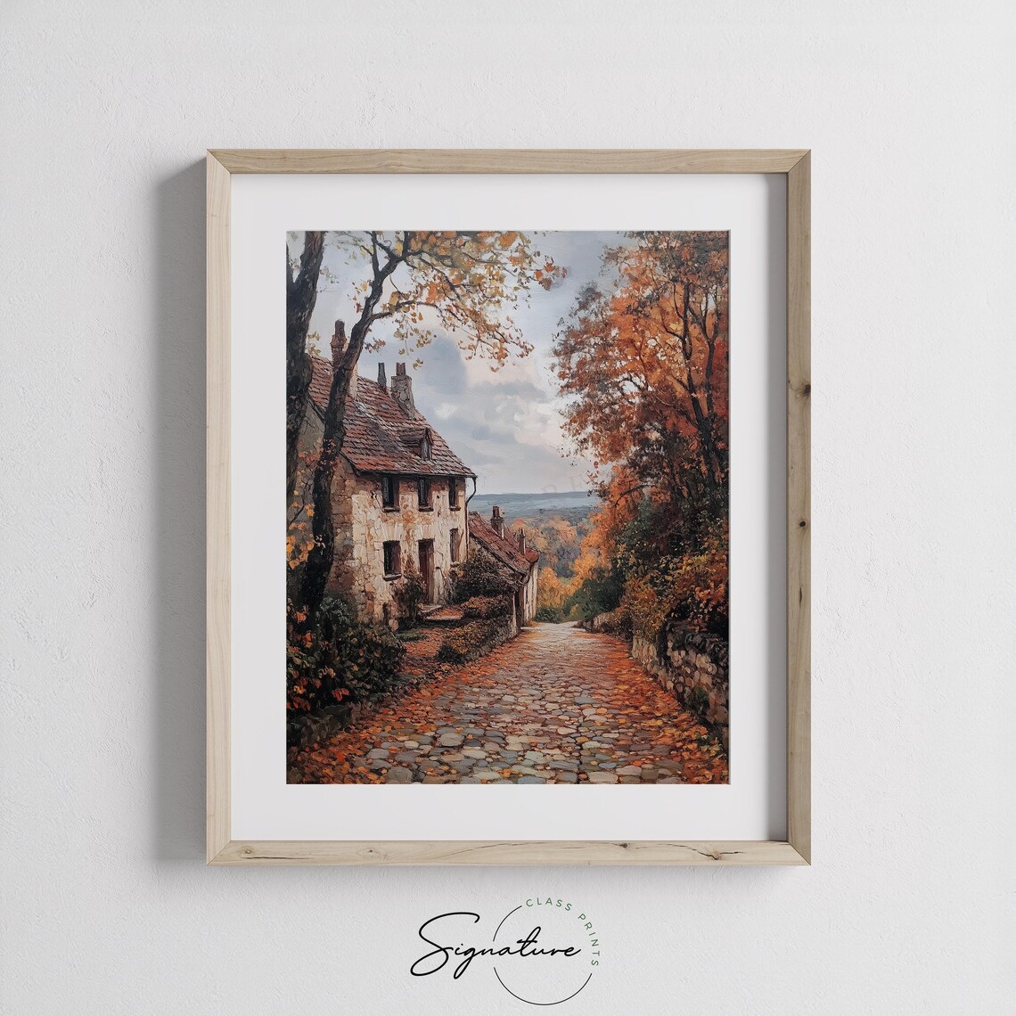Cobblestone Village Lane Autumn Stone Cottage Fall Landscape Art Poster - Image 3