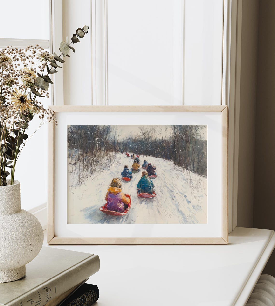 Children Sledding Downhill On Red Sleds Joyful Winter Poster - Image 6