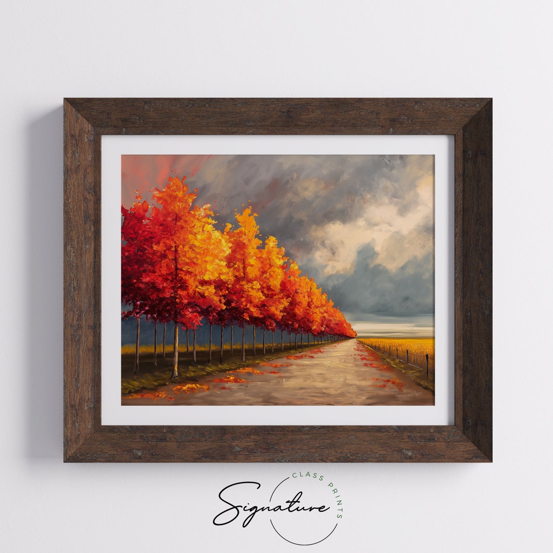 Fiery Maple Avenue Beside Dirt Road Dramatic Cloudscape Poster - Image 5