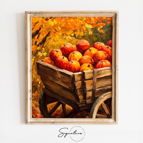 Wooden Wagon Overflowing with Red Apples Under Golden Trees Poster