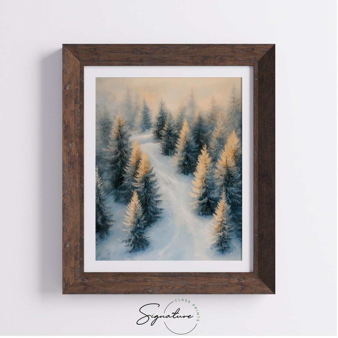 Sunlit Snowy Pine Forest Trail in Blue and Gold Winter Poster - Image 3