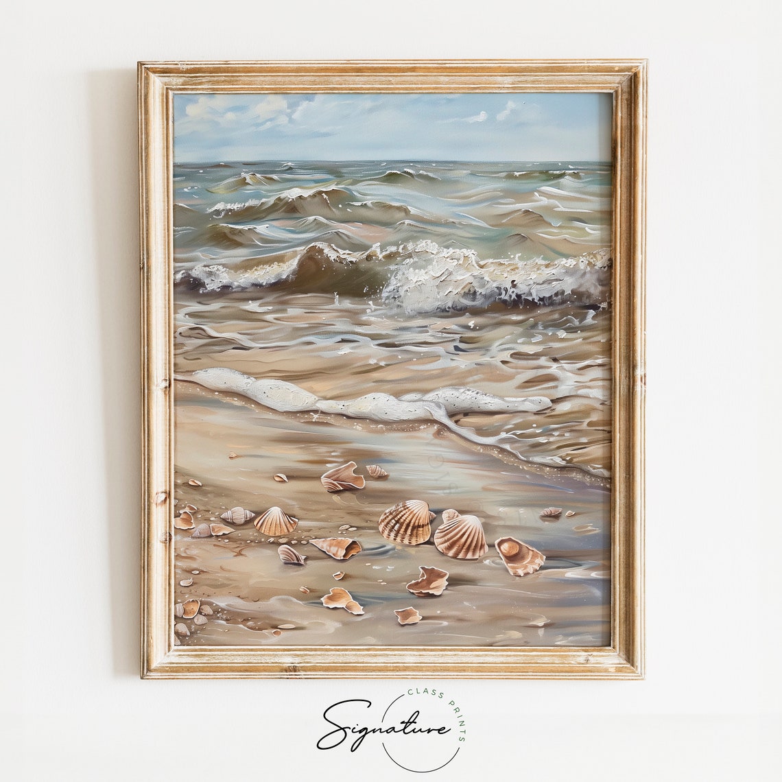 Beach Waves With Scallop Shells Coastal Shoreline Scene Poster