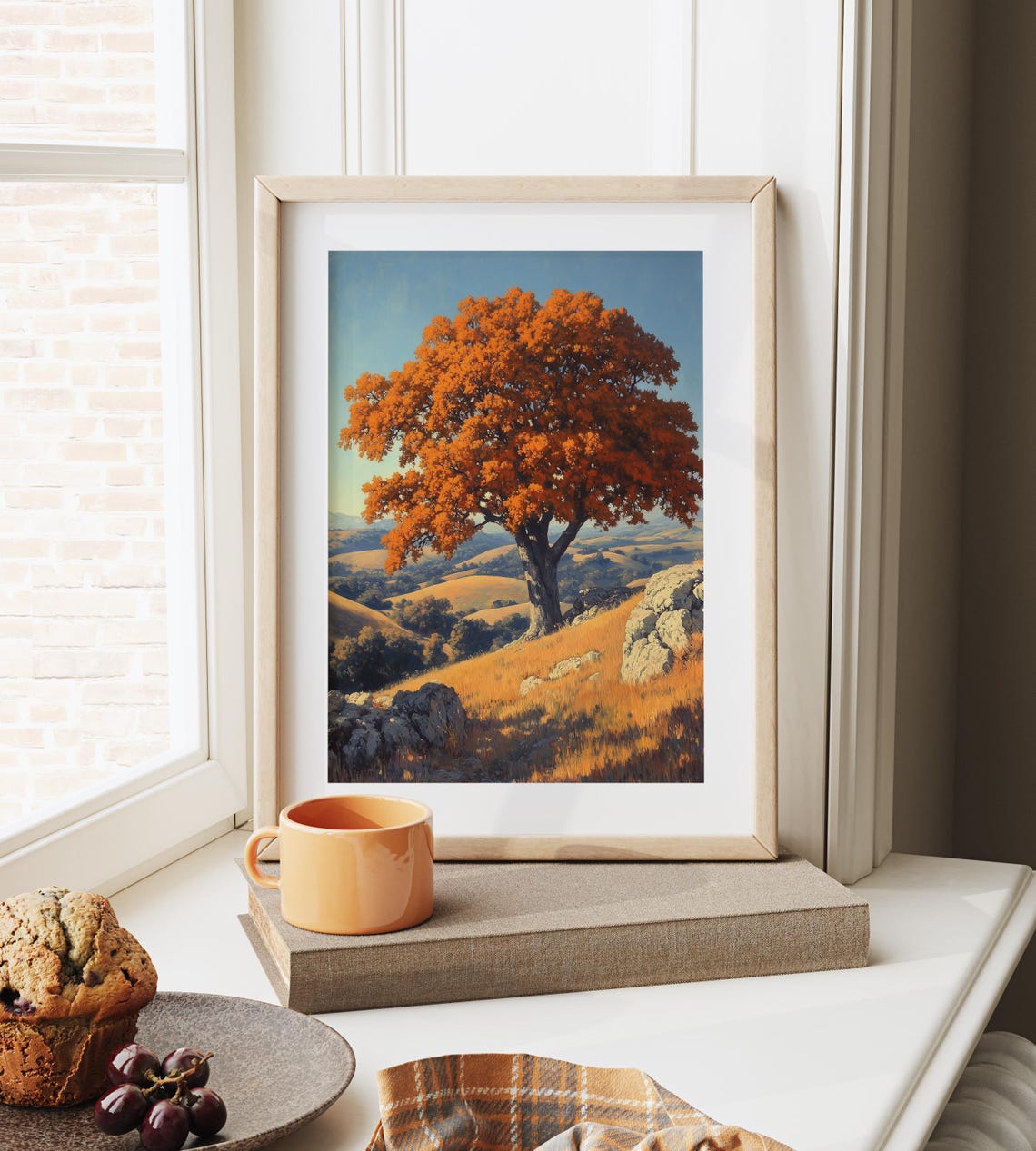Lone Orange Oak Rocky Hillside Autumn Rolling Hills Blue Sky Poster - Image 6