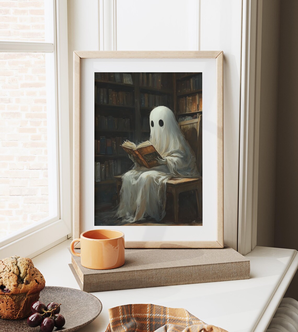 Cute Ghost Reading In Library Whimsical Halloween Book Decor Art Poster - Image 6